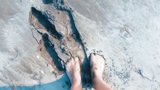 Tik Tok Topless Girl Walking on the Public Beach in Wet Sand