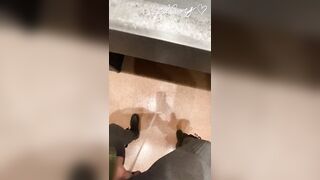 Naughty Slut Wearing Crotchless Leggings Sprays a Public Bathroom Floor with Piss!