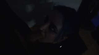 Goth Woman gives her Partner a Blowjob, then comes with Cum-covered Face and Hair.