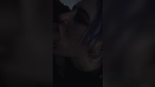 Goth Woman gives her Partner a Blowjob, then comes with Cum-covered Face and Hair.