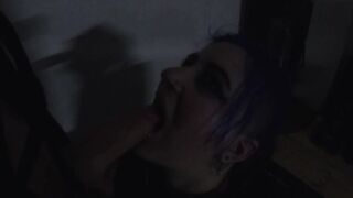 Goth Woman gives her Partner a Blowjob, then comes with Cum-covered Face and Hair.