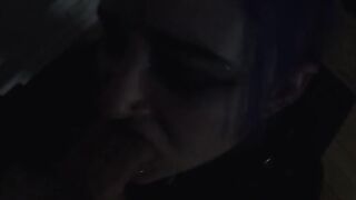 Goth Woman gives her Partner a Blowjob, then comes with Cum-covered Face and Hair.