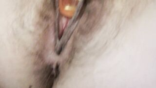 Hairy Pussy Playing with Glass Dildo on last Day of Period