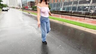 Girls Top Gets Wet in Rain Exposing Tits in Public