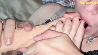 Cum on Face while Sucking Toes and Dildo, Feetcouple69 Lick Cum off Feet + Dildo