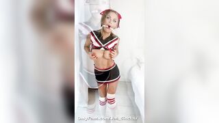 Naughty Cheerleader Impresses Coach with her Tits Out, Ring Gag in and Fingers herself