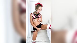 Naughty Cheerleader Impresses Coach with her Tits Out, Ring Gag in and Fingers herself