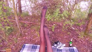 Perv Spies on Pantyhose Babe in Forest & Gets a Blowjob & Footjob Outdoors