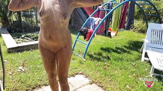 Nippleringlover Huge Pierced Nipples Big Nipple Rings Pierced Pussy Lips Showering Naked in Garden