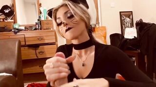 Blonde Teen in Halloween Cat Costume Fetish gives Blowjob and Gets Fucked in Leotard