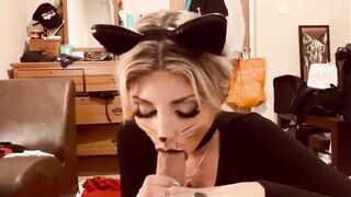 Blonde Teen in Halloween Cat Costume Fetish gives Blowjob and Gets Fucked in Leotard