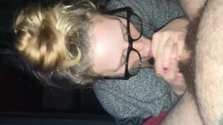 Sexy milf give out a bad ass blow job with her glasses on and gets a cream filling in the face