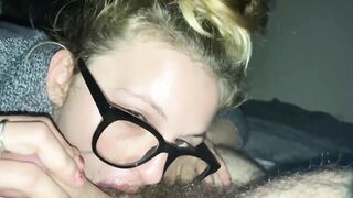 Sexy milf give out a bad ass blow job with her glasses on and gets a cream filling in the face