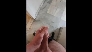 Teen jerking off in the office corridor, dares to leave restroom with dick out