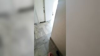 Teen jerking off in the office corridor, dares to leave restroom with dick out