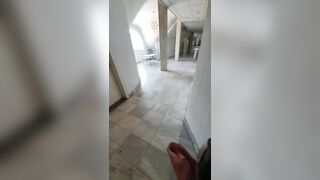 Teen jerking off in the office corridor, dares to leave restroom with dick out