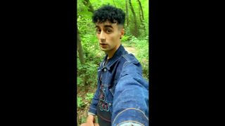 Solo jerk off in blue jeans jacket OUTDOOR