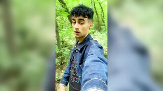 Solo jerk off in blue jeans jacket OUTDOOR