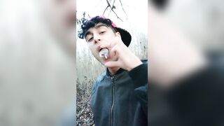 Twink uses cum filled condom after fuck like bubble gum and puts on a condom on his tongue