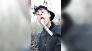 Twink uses cum filled condom after fuck like bubble gum and puts on a condom on his tongue