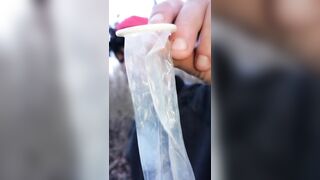 Twink uses cum filled condom after fuck like bubble gum and puts on a condom on his tongue