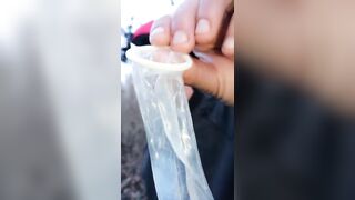 Twink uses cum filled condom after fuck like bubble gum and puts on a condom on his tongue