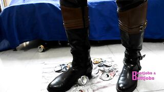 Crushing beer cans with Riding leather Boots & kicking you POV