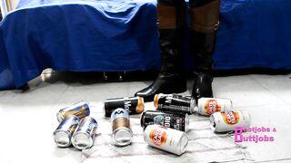 Crushing beer cans with Riding leather Boots & kicking you POV