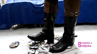 Crushing beer cans with Riding leather Boots & kicking you POV