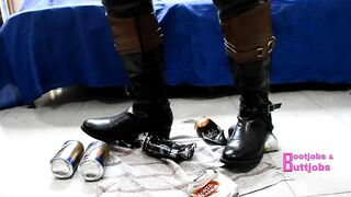 Crushing beer cans with Riding leather Boots & kicking you POV