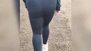 Hiking in see through leggings visible thong public twerk latina