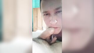 Gay sucks cock and cums on belly. (ORAL)