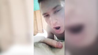 Gay sucks cock and cums on belly. (ORAL)