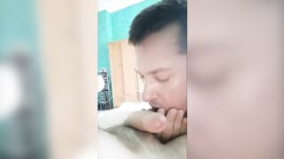 Gay sucks cock and cums on belly. (ORAL)