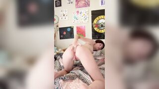 Tiny teen stretches asshole with glass dildo