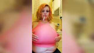 Smoking fetish huge tits breast play