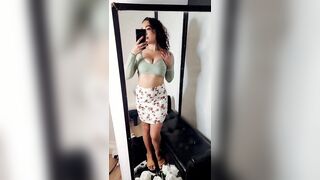 Busty Curly Hair Brunette Trying On Sexy Miniskirt Outfit to Wear to Your Stepdad's Christmas Party