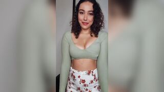 Busty Curly Hair Brunette Trying On Sexy Miniskirt Outfit to Wear to Your Stepdad's Christmas Party