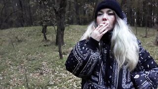 stepsister smokes in the woods before blowjob