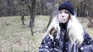 stepsister smokes in the woods before blowjob