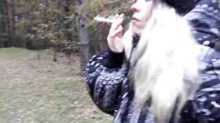 stepsister smokes in the woods before blowjob