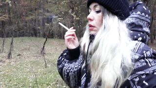 stepsister smokes in the woods before blowjob