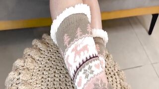 Winter socks footjob and cum on soles with socks