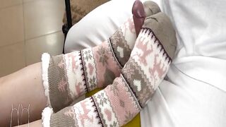 Winter socks footjob and cum on soles with socks