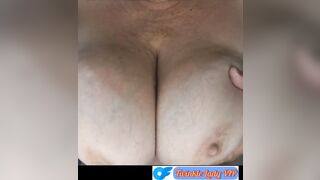 Fat bbw granny shows naked boobs really close view.