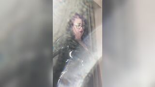 BBW wearing pvc getting fucked standing up by fuck machine.