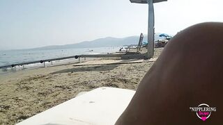 nippleringlover at public beach flashing pierced tits and pierced pussy with big nipple & labia ring