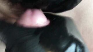 Close-up POV rubbing the clitoris with the big mushroom head of a hard cock. Huge cum load on her clit, bushes and panties.