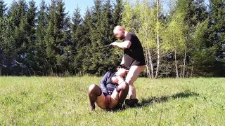 Amateur wife licking his hubby's ass in an open field