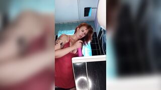 Milf fucks herself in the bathroom with dildo in the ass and gives a blowjob after the assfuck